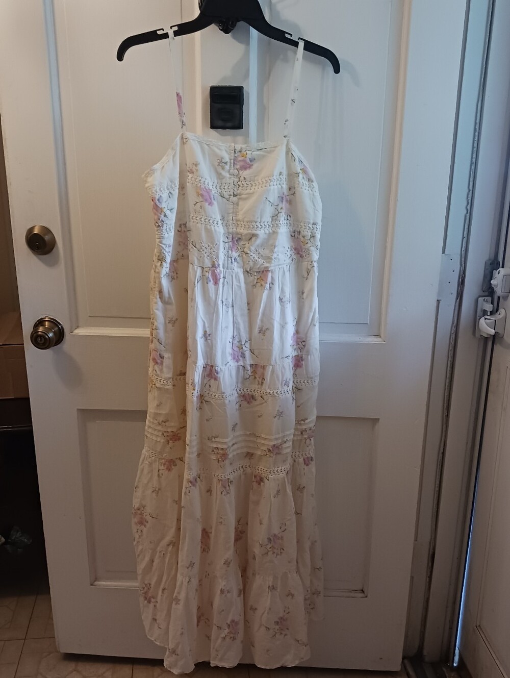 Women’s Cream Floral Spaghetti Strap Maxi Dress Peasant Prairie Boho Bohemian XS